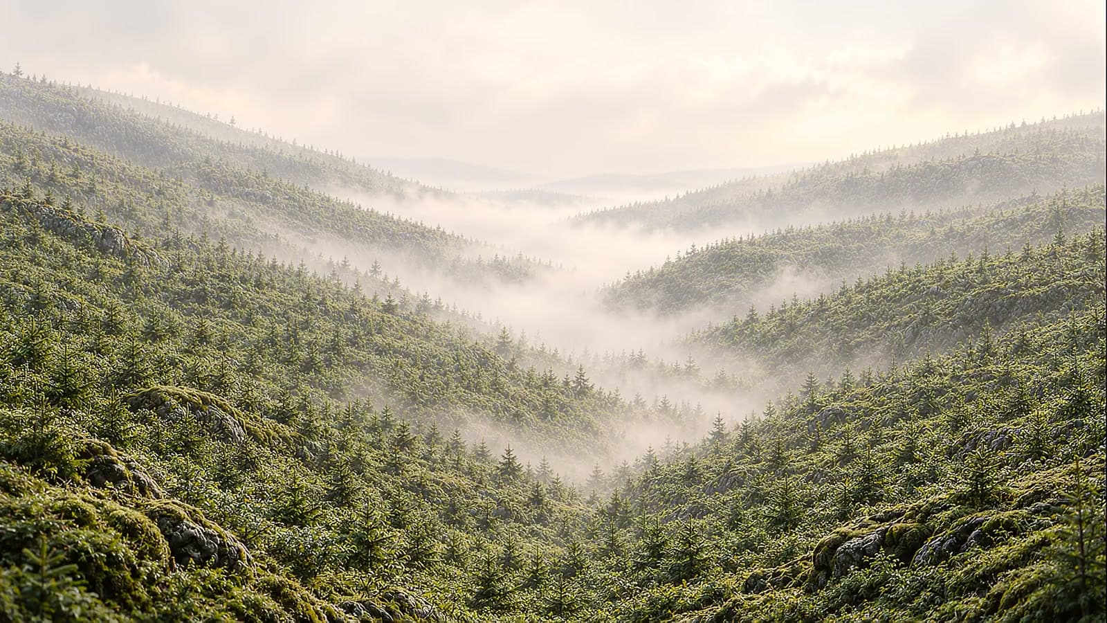 Sunlight reaching a green forest clearing