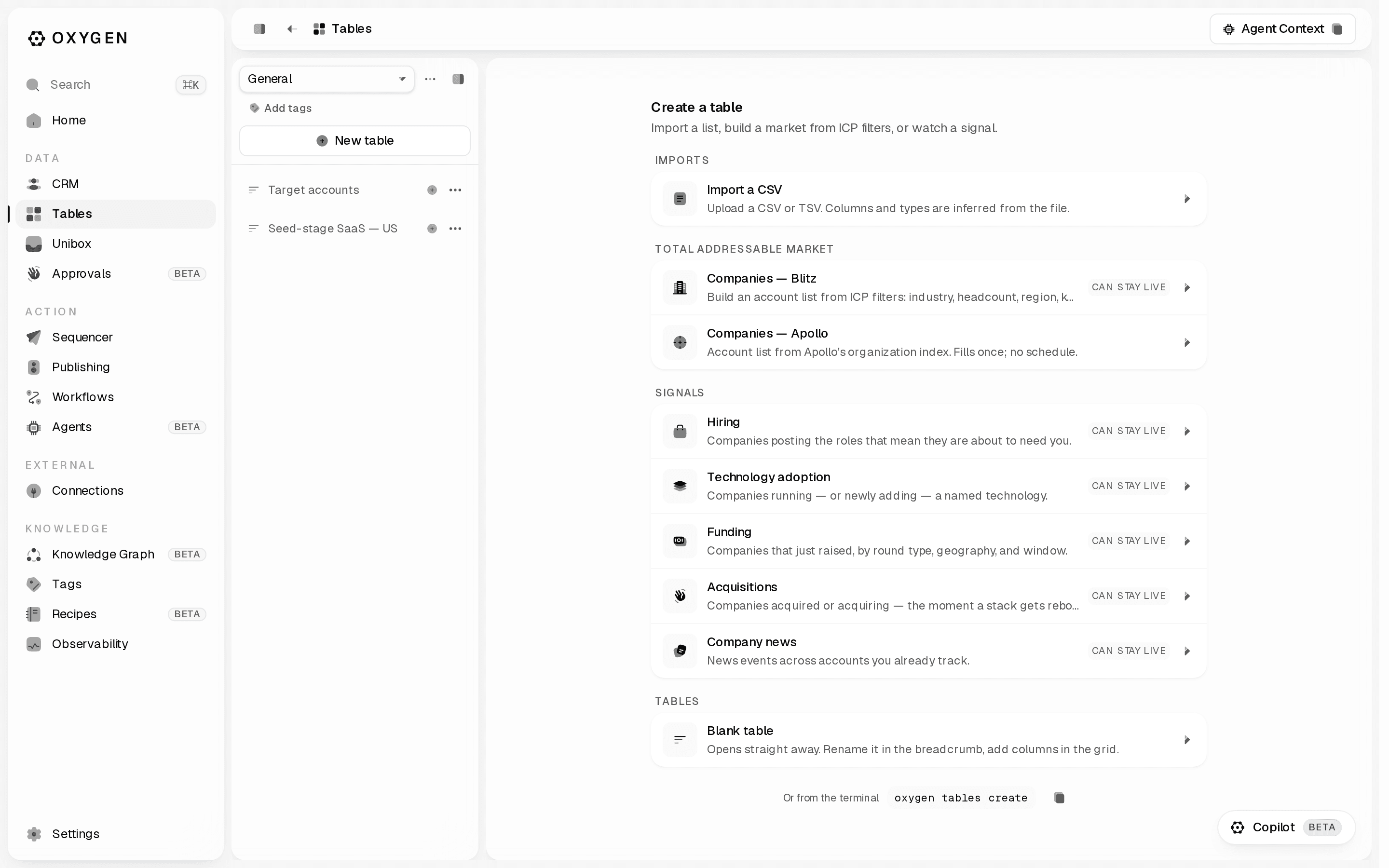 The Create a table picker, with the Imports, Total addressable market, Signals, and Blank table lanes