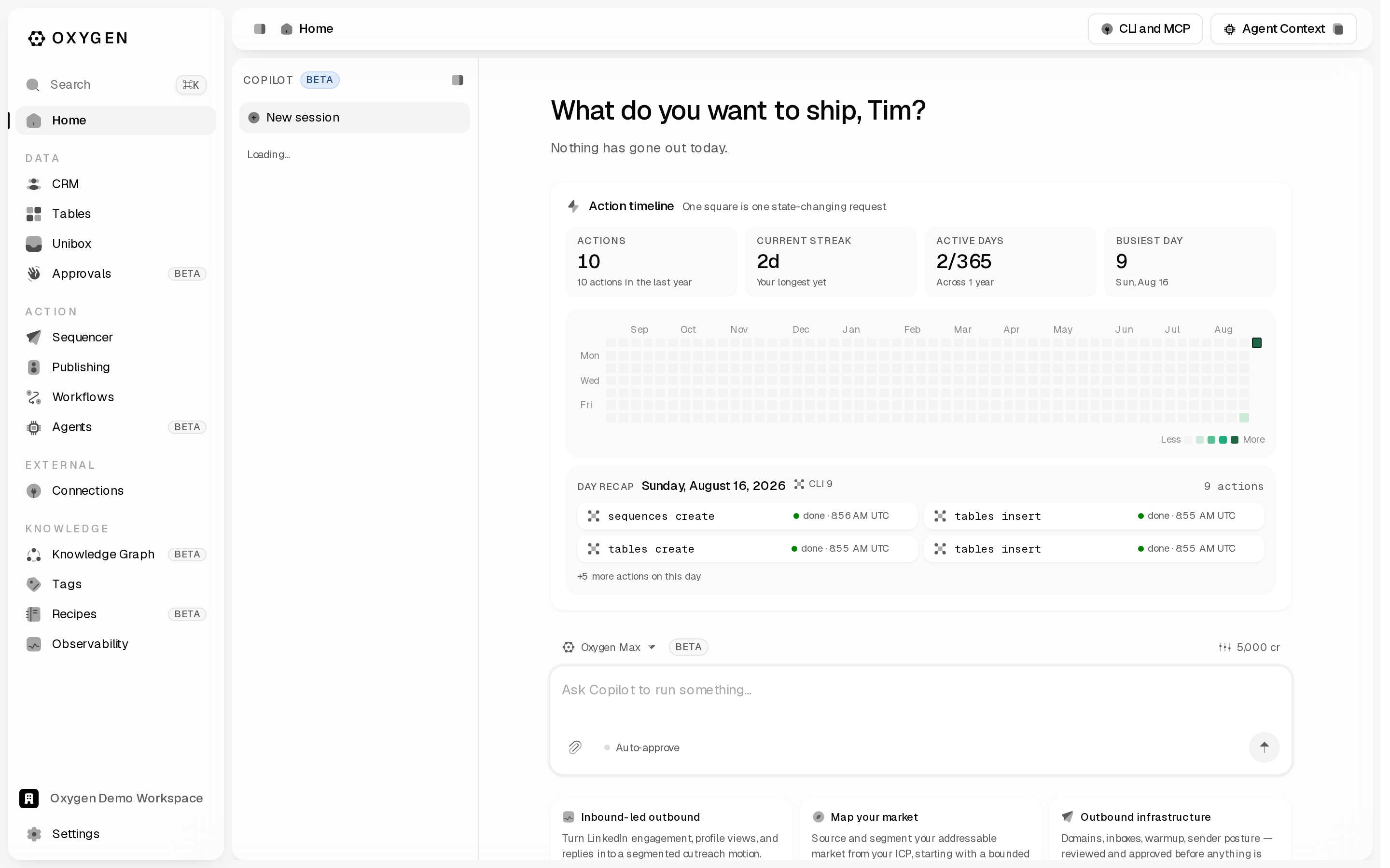 The workspace home: standup headline, Needs you list, and the sidebar
