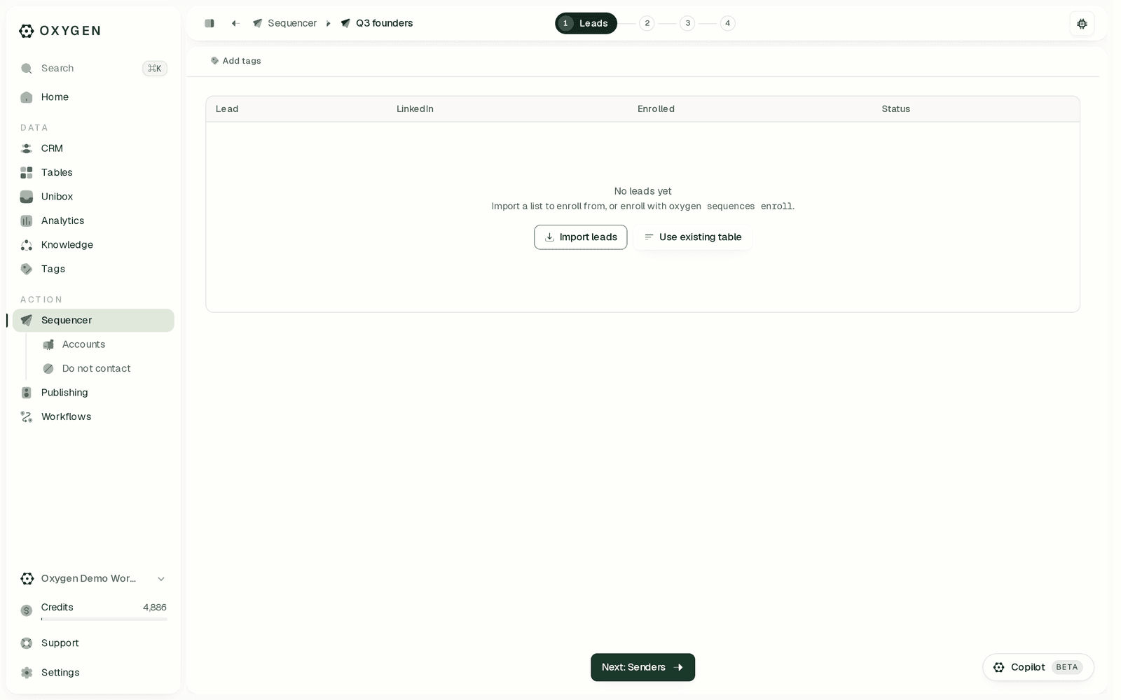 The sequence editor's four stages: Leads, Senders, Sequence, Launch