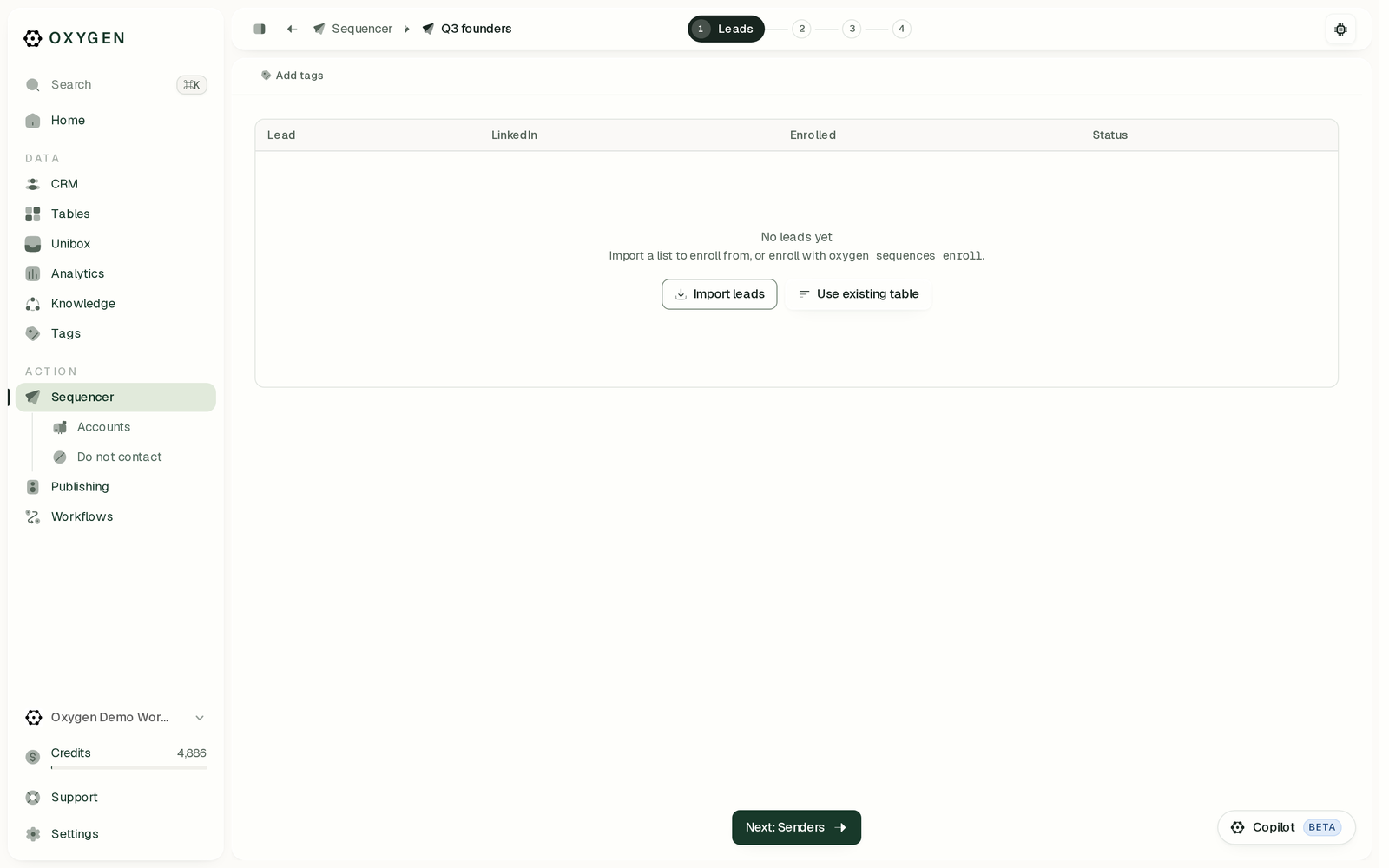 The sequence editor's four stages: Leads, Senders, Sequence, Launch
